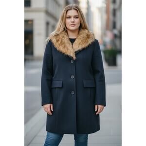 Old Money Avenue Navy Long Wool Coat Faux Fur Collar Plus Size 18/20 Winter